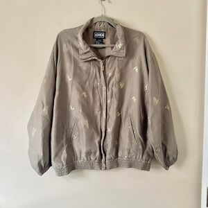 100% Silk Sage Green Gold Butterfly Bomber Jacket Lightweight Vintage